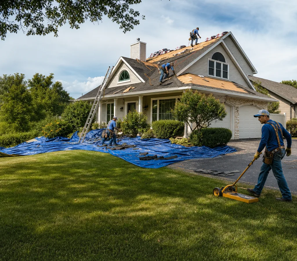 Roofing crew replacing asphalt shingles on a Waunakee-area home while protecting the landscaping