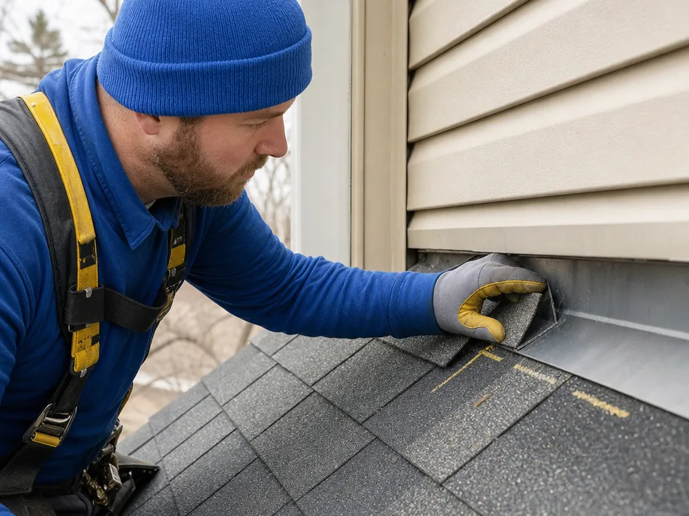 Roofer inspecting step flashing and shingle edges at a sidewall intersection