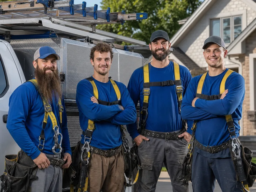 Waunakee Roofing crew in safety gear beside a work truck at a residential project